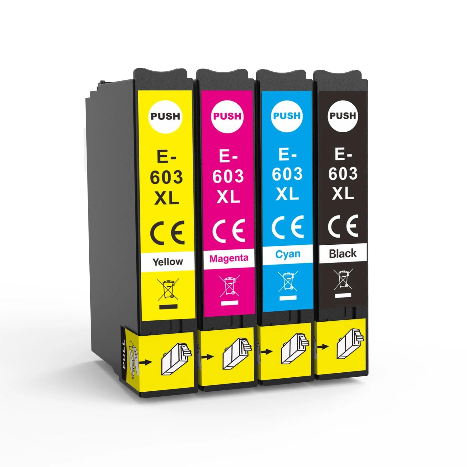 Vier Druckertintenpatronen in Gelb, Magenta, Cyan und Schwarz mit der Aufschrift „4 XL kompatible Druckerpatronen von Wechselfaul als Ersatz für Epson 603XL“ für Expression Home XP mit Symbolen mit Installationsanweisungen auf weißem Hintergrund.