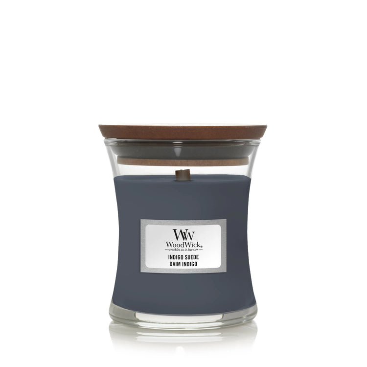 WoodWick Indigo Suede Mini 85g mit knisterndem Docht, bis zu 20 Std. Brenndauer