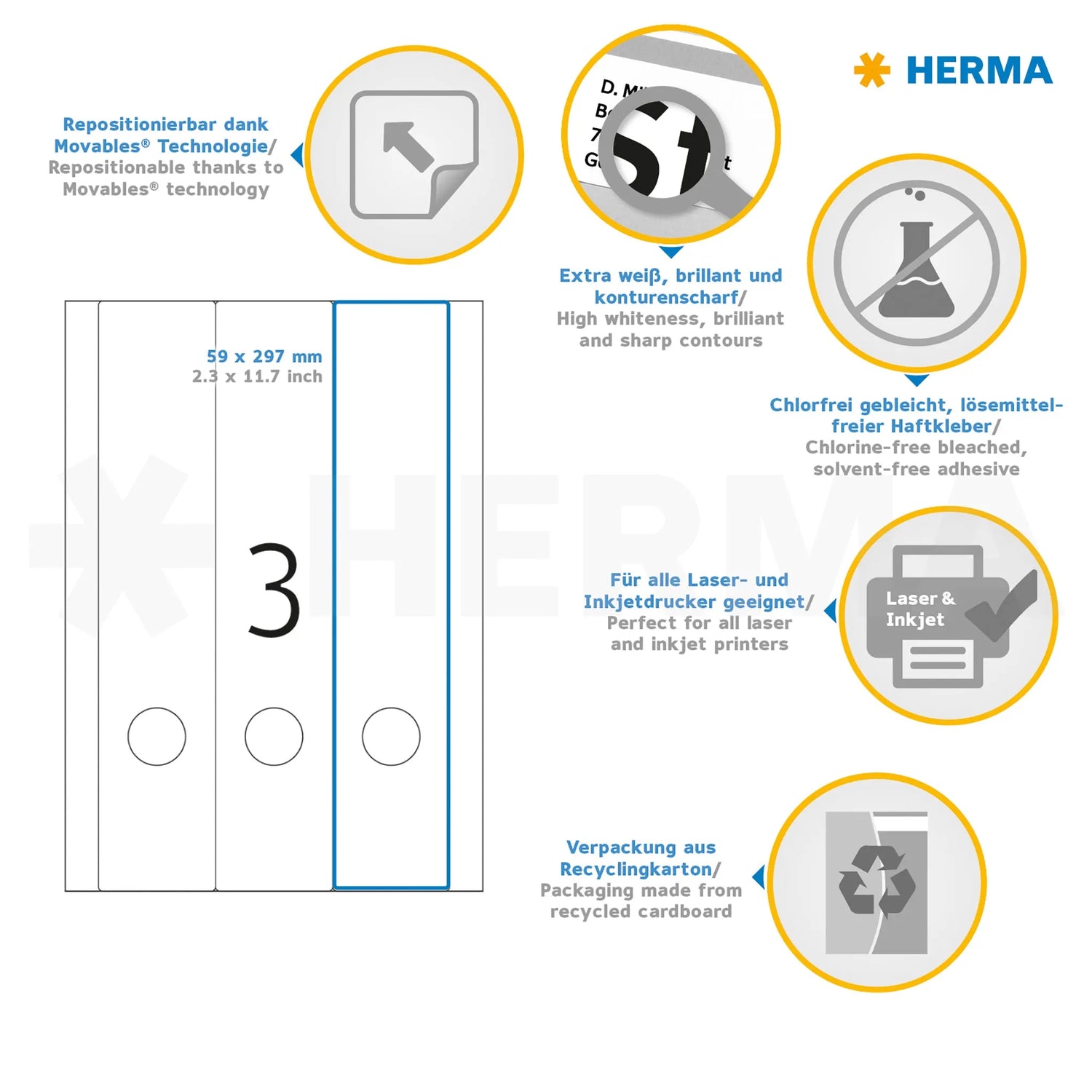 75 HERMA Ordneretiketten 10180 weiß für 7,0 - 8,0 cm Rückenbreite