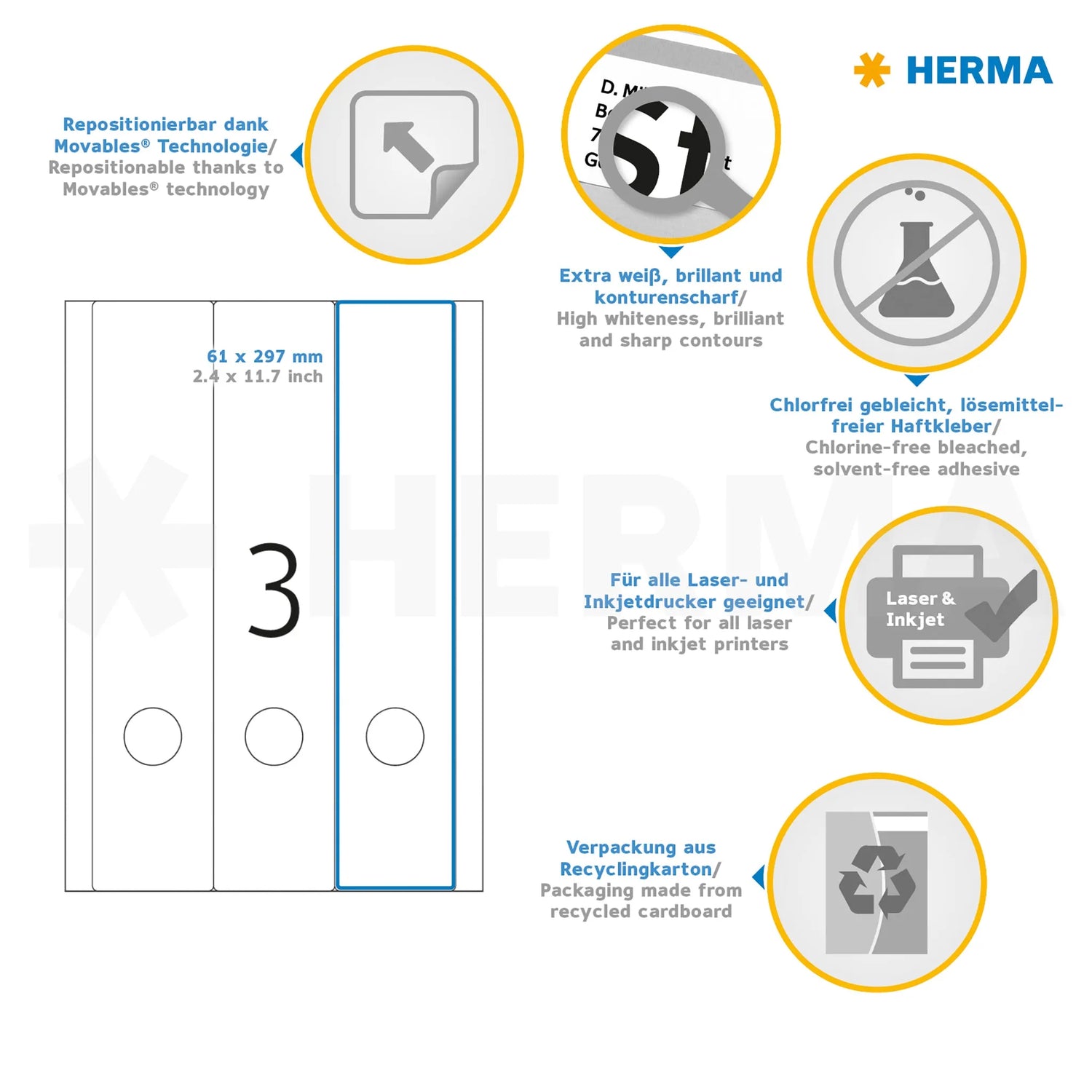 75 HERMA Ordneretiketten 10185 weiß für 7,0 - 8,0 cm Rückenbreite