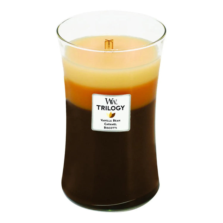 WoodWick Trilogy Cafe Sweets Kerze groß 610g mit knisterndem Docht, Brenndauer bis zu 130 Std
