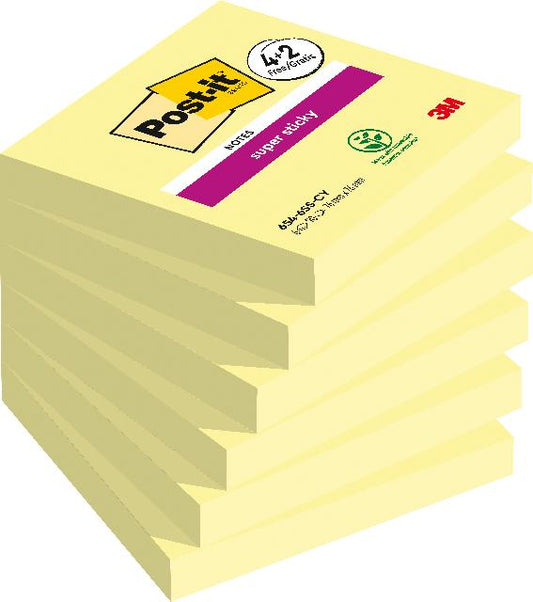 Post-it Super Sticky Notes Kanariengelb, Packung mit 6 Blöcken, 90 Blatt pro Block, 76 mm x 76 mm, Farbe: Gelb - Extra-stark klebende Notizzettel für Notizen