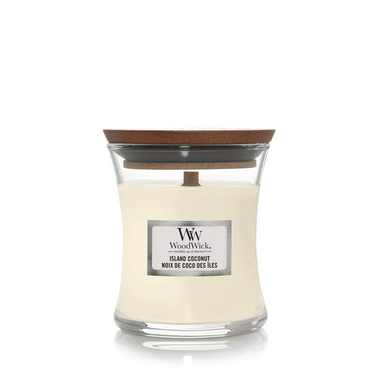 WoodWick Kerze Island coconut mini mit knisterndem Docht, Brenndauer bis zu 20Std