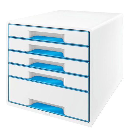 LEITZ Schubladenbox WOW Cube perlweiß/blau DIN A4 mit 5 Schubladen