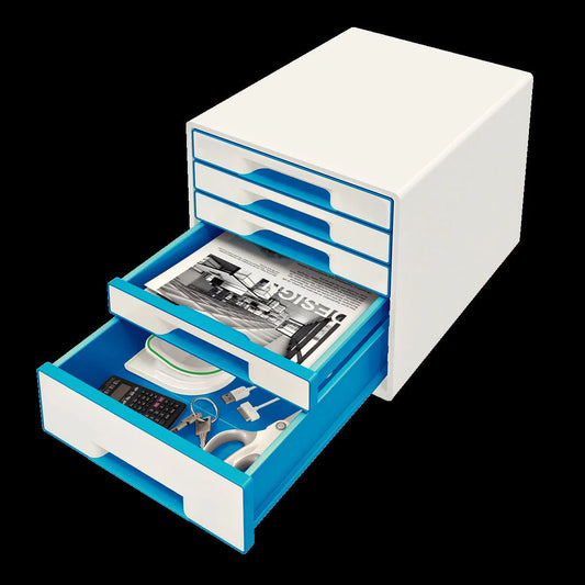 LEITZ Schubladenbox WOW Cube perlweiß/blau DIN A4 mit 5 Schubladen