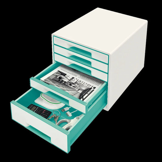 LEITZ Schubladenbox WOW Cube perlweiß/eisblau DIN A4 mit 5 Schubladen