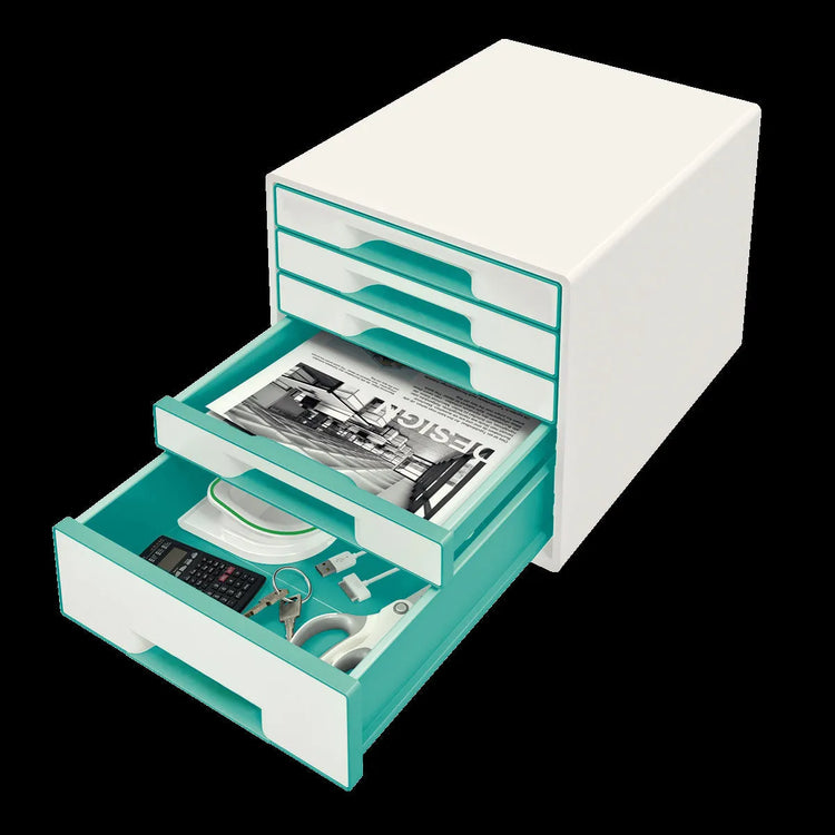 LEITZ Schubladenbox WOW Cube perlweiß/eisblau DIN A4 mit 5 Schubladen