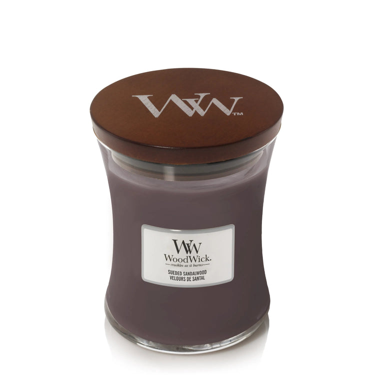 WoodWick Kerze Suede & Sandalwood medium 275g mit knisterndem Docht, bis zu 60 Std. Brenndauer