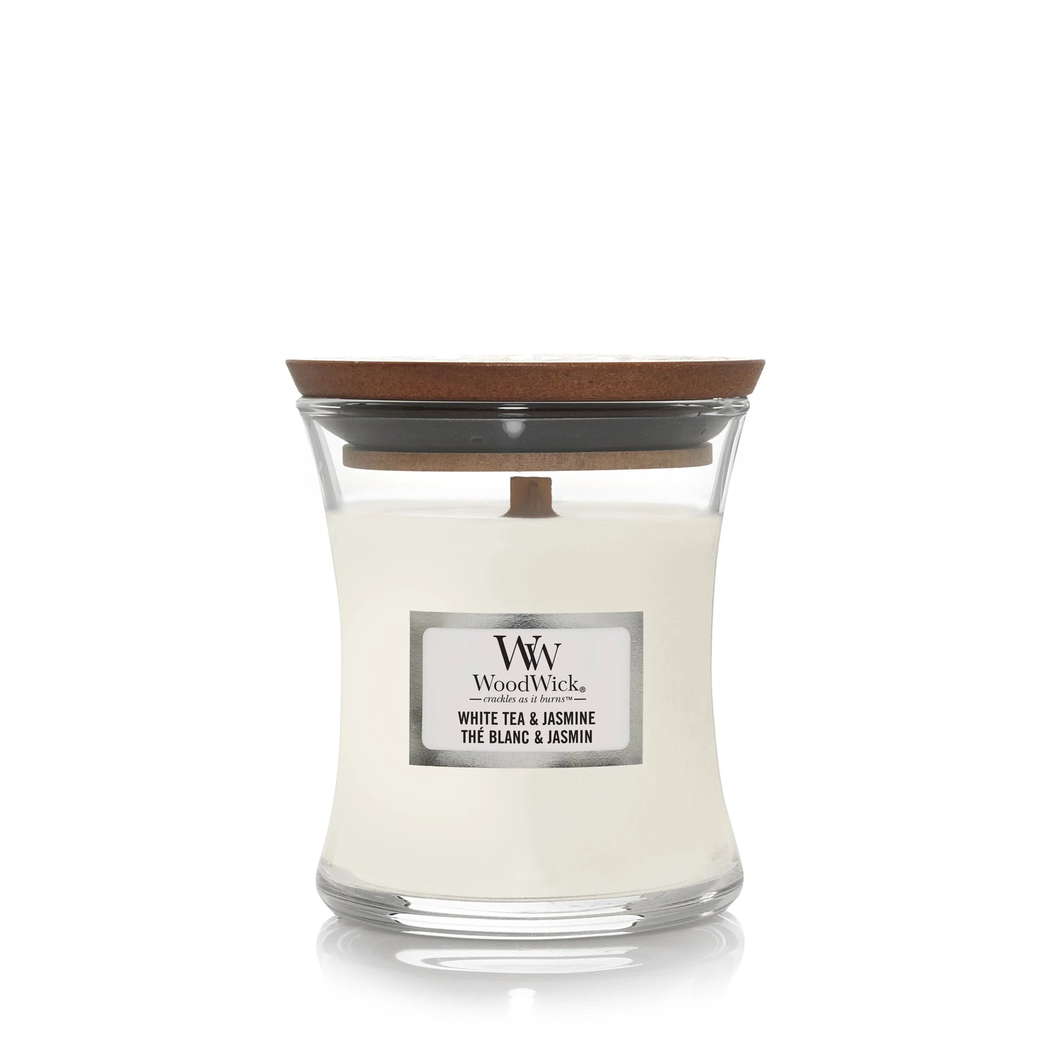 WoodWick Duftkerze mini white Tea Jasmin 85g mit knisterdem Docht bis zu 20 Std Brenndauer