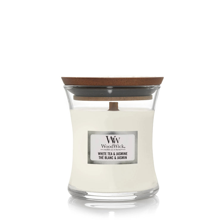WoodWick Duftkerze mini white Tea Jasmin 85g mit knisterdem Docht bis zu 20 Std Brenndauer