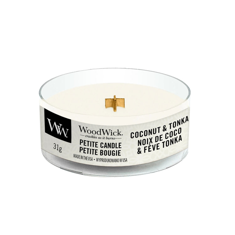 Woodwick Petite Kerze mit knisterdocht Coconut & Tonka 31g Brenndauer bis zu 8 Std