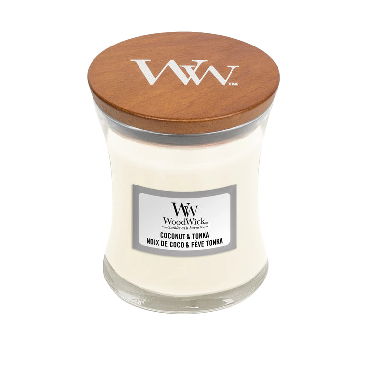 WoodWick Kerze Coconut Tonka mini 85g mit knisterndem Docht, Brenndauer bis zu 20Std