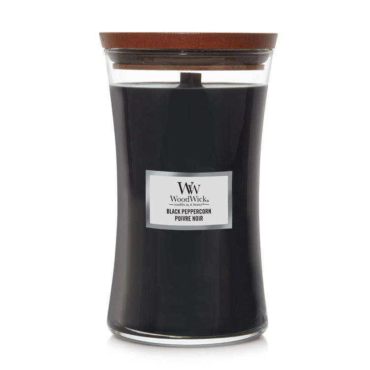 WoodWick große Duftkerze im Sanduhrglas mit knisterndem Docht, Black Peppercorn, Brenndauer bis zu 130 Stunden