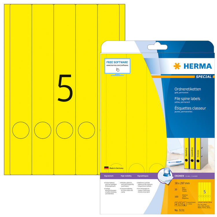 100 HERMA Ordneretiketten 5131 gelb für 4,0 - 5,0 cm Rückenbreite