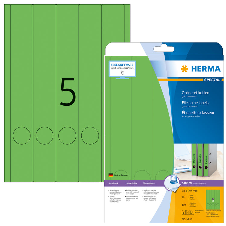 100 HERMA Ordneretiketten 5134 grün für 4,0 - 5,0 cm Rückenbreite