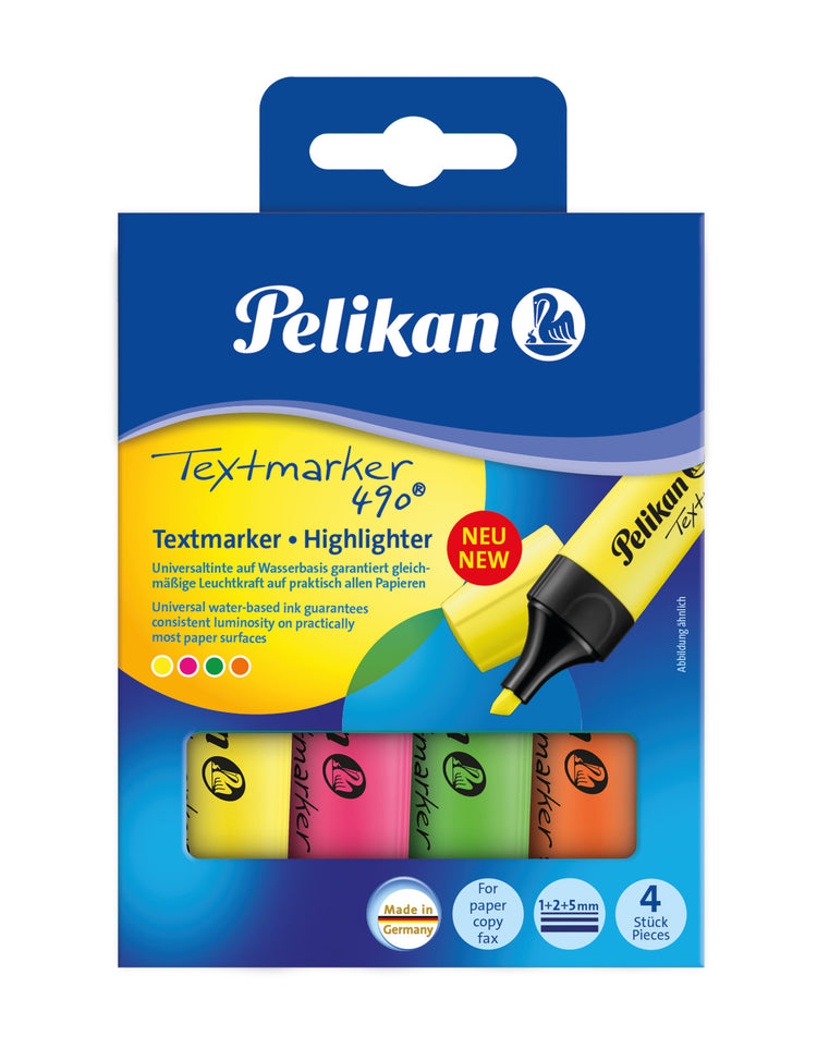 4 Pelikan 490 Textmarker farbsortiert, gelb, orange, grün, pink
