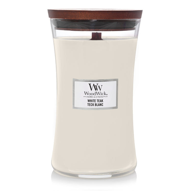 WoodWick White Teak , knisternde Kerze Large, 610g Brenndauer bis zu 130 Std