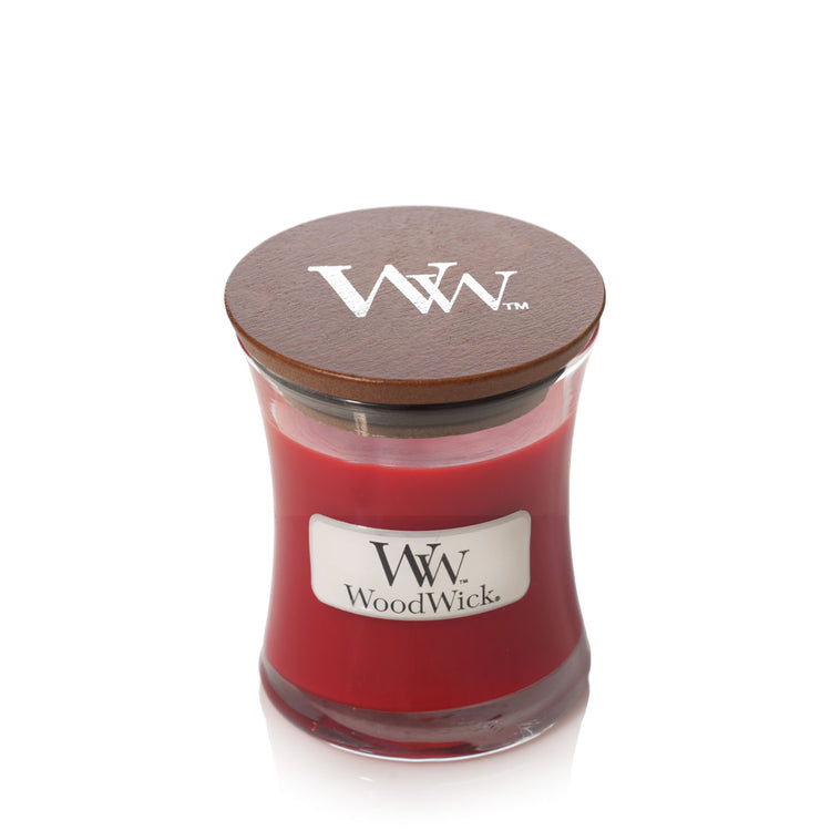 WoodWick Pomegranate Mini Hourglass-Kerze mit knisterndem Docht, 85g Brenndauer bis zu 20 Std