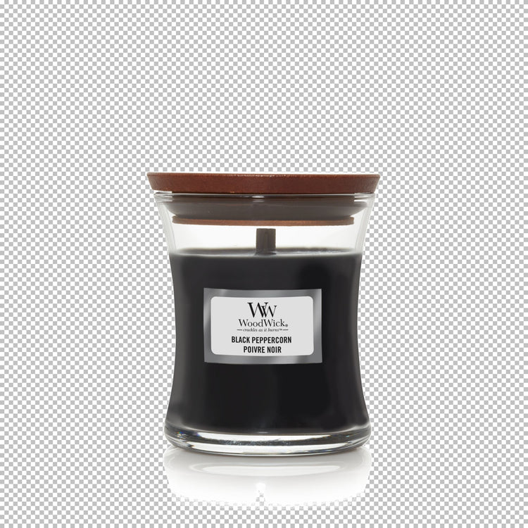 WoodWick mini Duftkerze im Sanduhrglas mit knisterndem Docht, Black Peppercorn, Brenndauer bis zu 20 Stunden