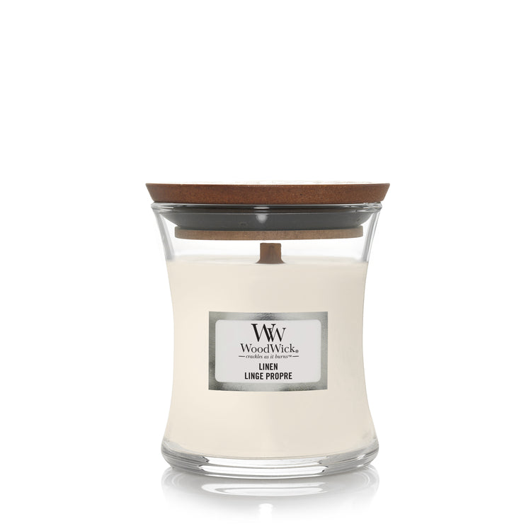 WoodWick Linen Mini Hourglass-Kerze mit knisterndem Docht, 85g Brenndauer bis zu 20 Std