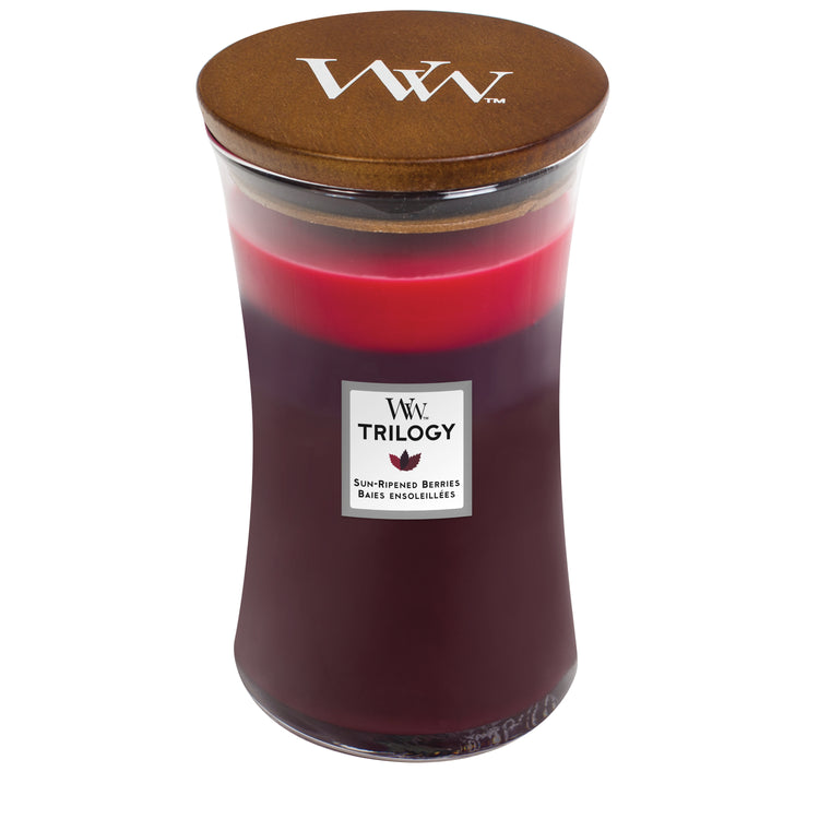 WoodWick Trilogy Sun-Ripened Berries , knisternde Kerze groß, 610g Brenndauer bis zu 130 Std
