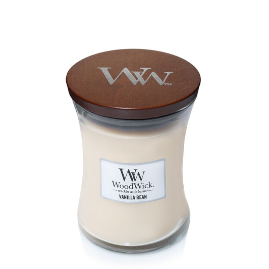 WoodWick knisternde Kerze Vanilla Bean Medium bis zu 60 Std Brenndauer, mit knisternden Docht