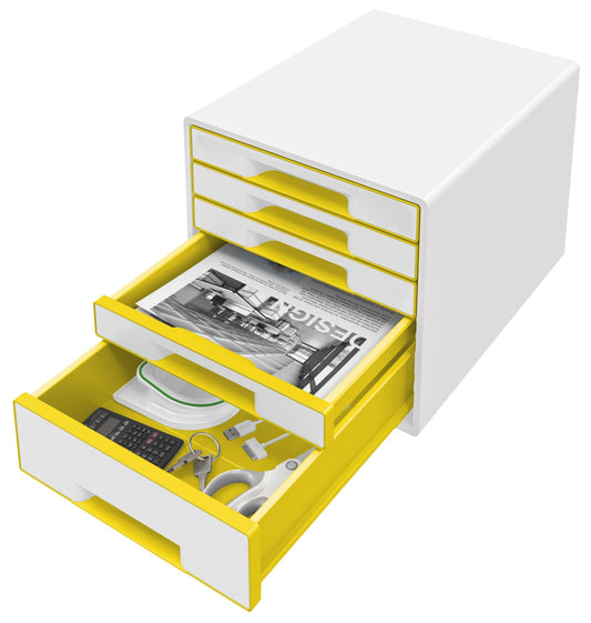 LEITZ Schubladenbox WOW Cube perlweiß/gelb DIN A4 mit 5 Schubladen