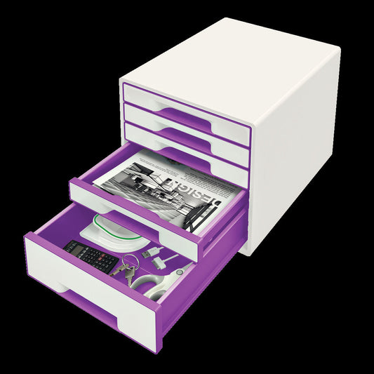 LEITZ Schubladenbox WOW Cube perlweiß/violett DIN A4 mit 5 Schubladen