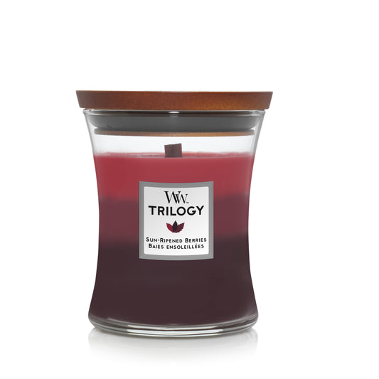 WoodWick Trilogy Sun- Ripened Berries Kerze Medium 275g mit knisterndem Docht, Brenndauer bis zu 60 Std
