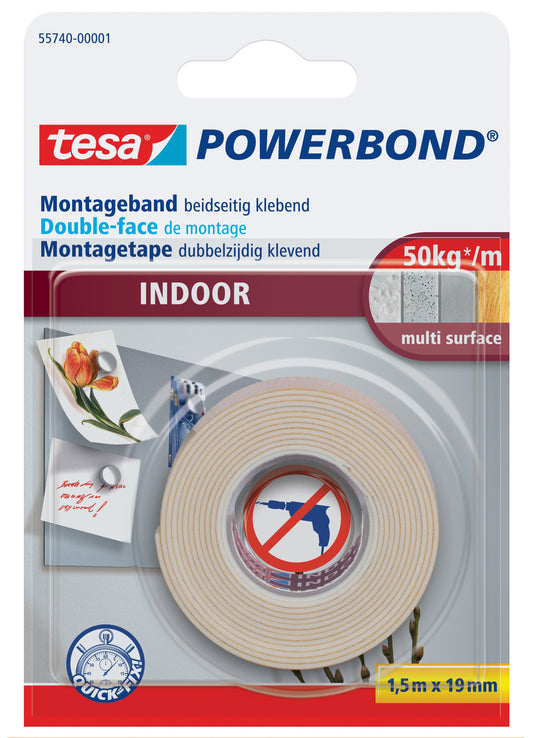 tesa Montageband POWERBOND Indoor doppelseitiges Klebeband weiß 19,0 mm x 1,5 m 1 Rolle