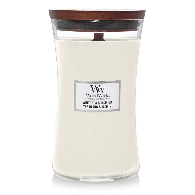 WoodWick White Tea & Jasmine , knisternde Kerze Large, 610g Brenndauer bis zu 130 Std