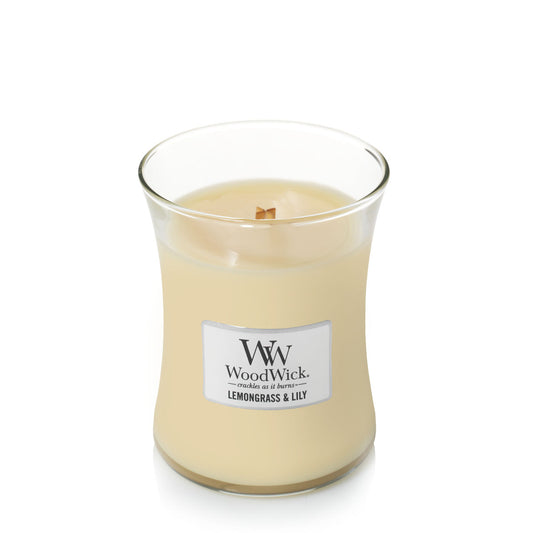 WoodWick Kerze Lemongrass & Lily mini mit knisterndem Docht, Brenndauer bis zu 20Std