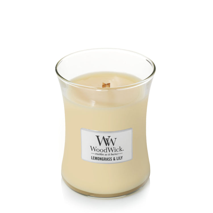 WoodWick Kerze Lemongrass & Lily mini mit knisterndem Docht, Brenndauer bis zu 20Std
