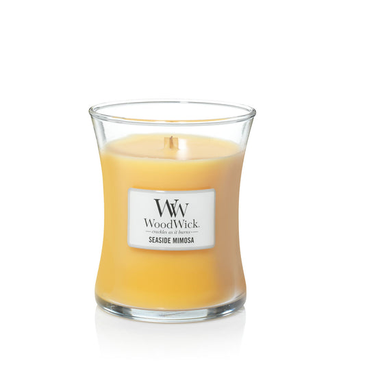 WoodWick Seaside Mimosa Medium Hourglass-Kerze mit knisterndem Docht 275g, Brenndauer bis zu 60 Std